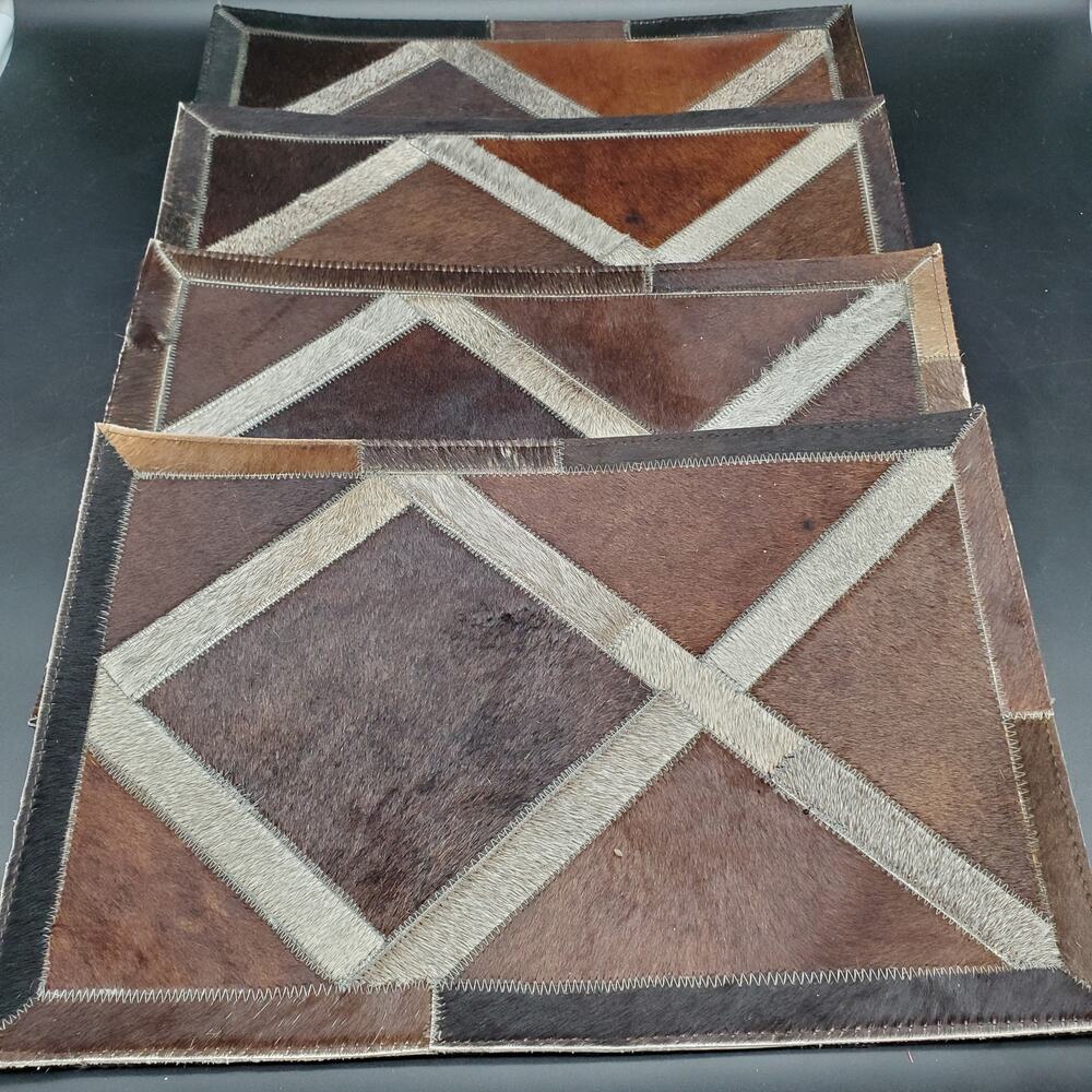 Set 4 Cowhide Hair On Hide Placemats Western Rustic Patchwork Table Mats